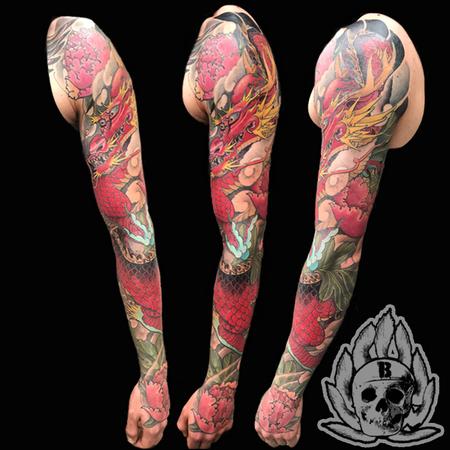 Tattoos - Red Japanese Dragon with peonies to hand - 134194